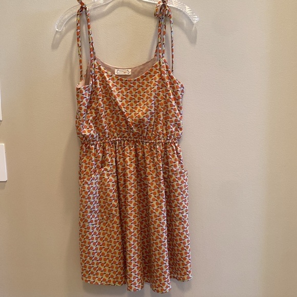 Audrey 3+1 lined apple print spaghetti strap elasticated waist 2 pocket dress S - Picture 2 of 8